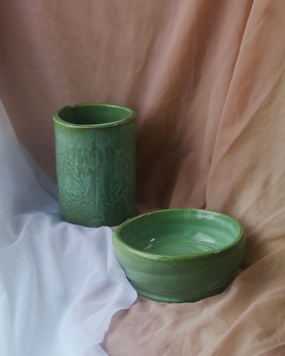 Tall textured vase and shallow bowl